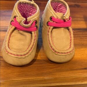 BabySuede Moccasin Shoes in Tan with Pink Accents